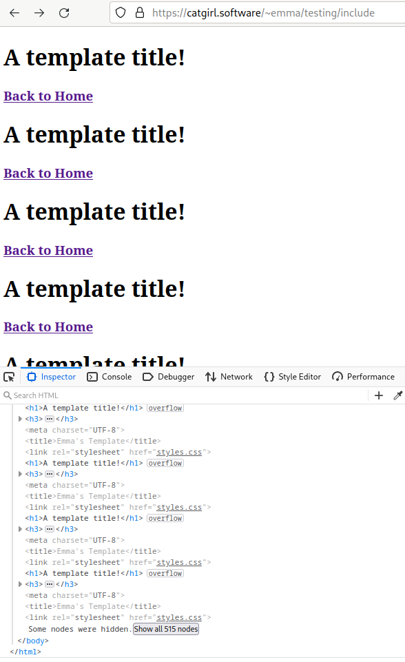A screenshot of a webpage, repeating the lines 'A Template Title!' and 'Back to Home' endlessly.