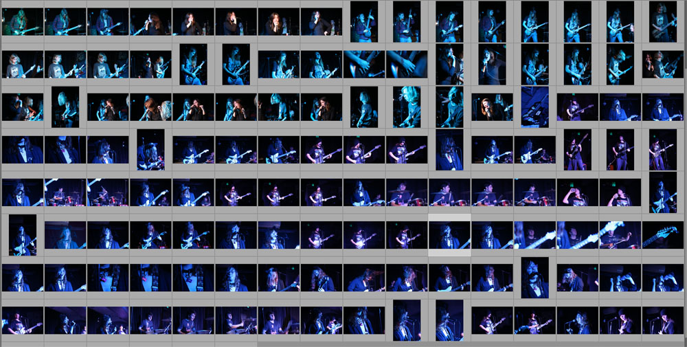 A screenshot of my current darktable window, showing thumbnails of dozens of photos taken at a show. All images have a dark background with a brightly lit foreground subject.