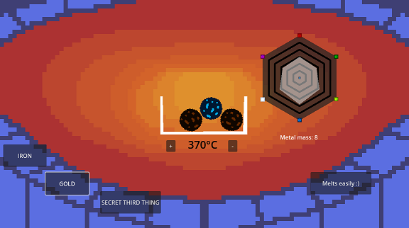 Prototype smelting minigame. Three circles representing metal ores sit in an open box representing a melting crucible in a forge. A hexagon shape to the right contains a smaller, irregular hexagon representing elemental magic levels.